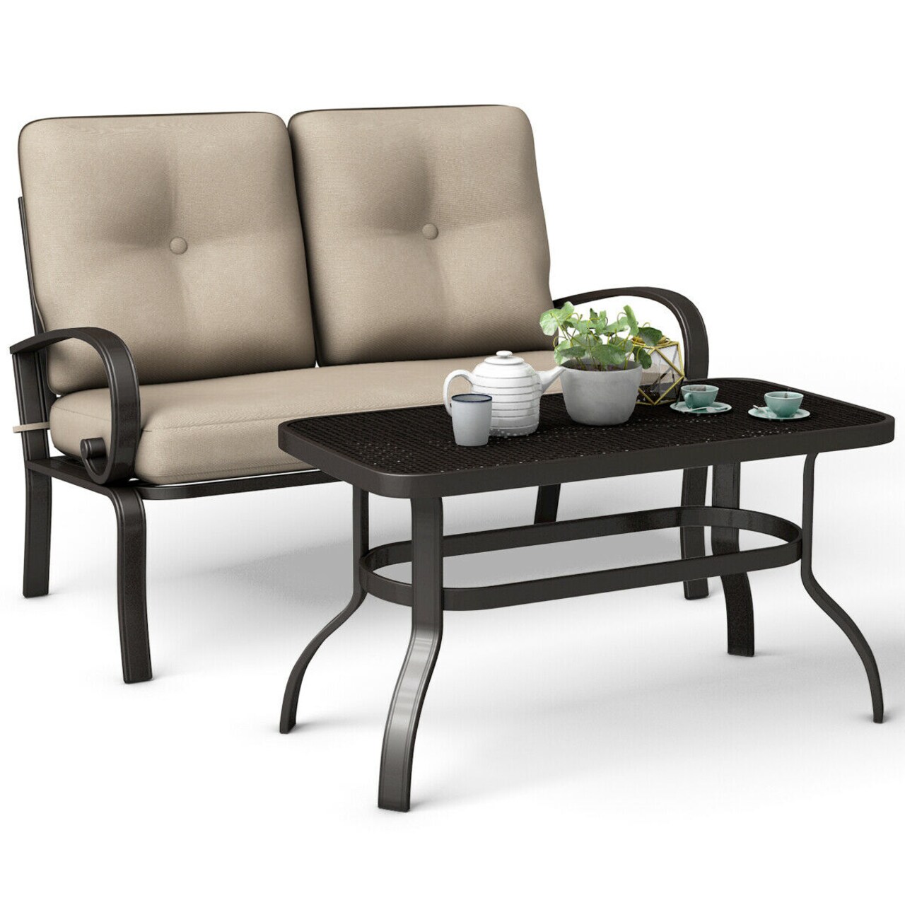 Costway 2 Pcs Patio LoveSeat Coffee Table Set Furniture Bench With Cushion
